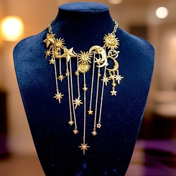 Molliwater Jewelry - New Celestial Moon Sun Star Dangle Necklace Gold Statement Chunky Ravenclaw